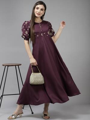 Burgundy embroidered viscose rayon long-dresses 5