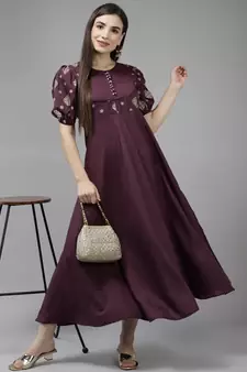 Burgundy embroidered viscose rayon long-dresses