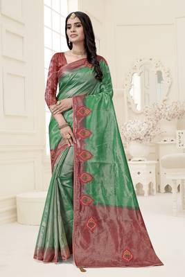 Green woven organza saree with blouse 1