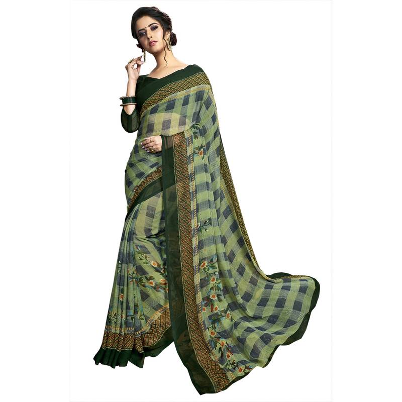Green woven chiffon saree with blouse