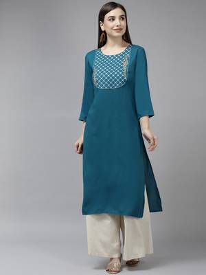 Teal-blue embroidered rayon kurtas-and-kurtis 1