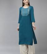 Teal-blue embroidered rayon kurtas-and-kurtis