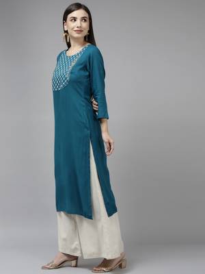 Teal-blue embroidered rayon kurtas-and-kurtis 2