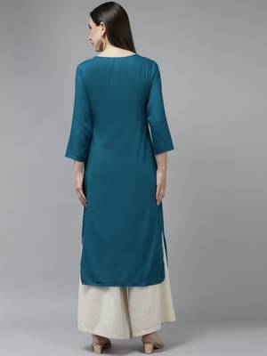 Teal-blue embroidered rayon kurtas-and-kurtis 3