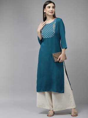 Teal-blue embroidered rayon kurtas-and-kurtis 5
