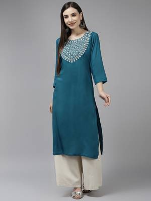 Teal-blue embroidered rayon kurtas-and-kurtis 1