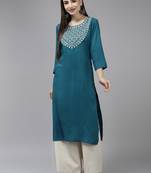 Teal-blue embroidered rayon kurtas-and-kurtis