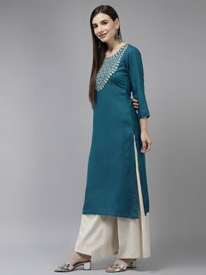 Teal-blue embroidered rayon kurtas-and-kurtis 2