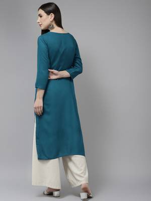 Teal-blue embroidered rayon kurtas-and-kurtis 3