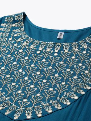 Teal-blue embroidered rayon kurtas-and-kurtis 4