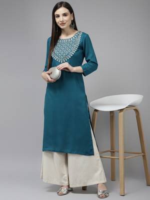 Teal-blue embroidered rayon kurtas-and-kurtis 5