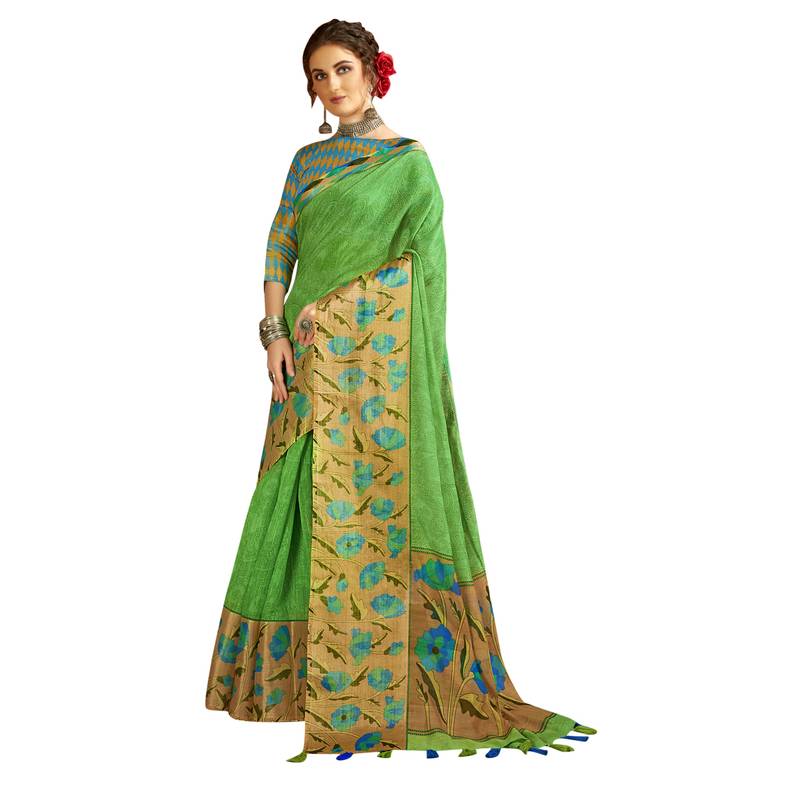 Green woven cotton saree with blouse