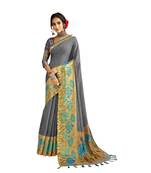 Grey woven cotton saree with blouse