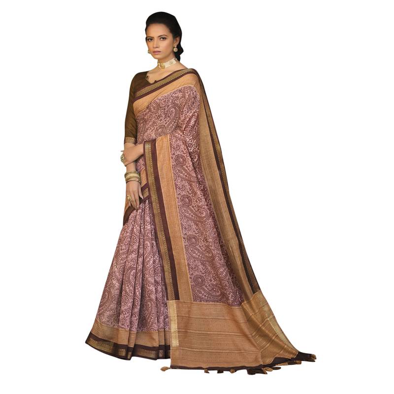 Brown woven cotton saree with blouse