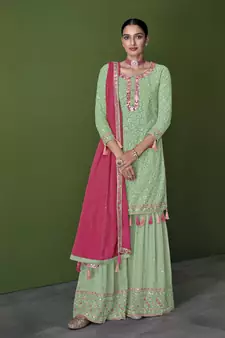 Pista Heavy Thread,Mirror Embroidery Work Faux Georgette unstitched Long Length Kameez Plazzo wedding wear salwar suit