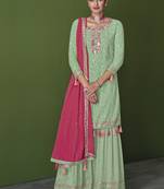 Pista Heavy Thread,Mirror Embroidery Work Faux Georgette unstitched Long Length Kameez Plazzo wedding wear salwar suit