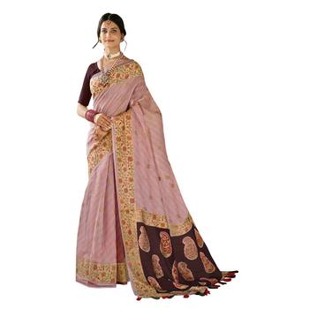 Pink woven cotton saree with blouse 1