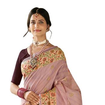 Pink woven cotton saree with blouse 2
