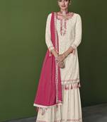White Heavy Thread,Mirror Embroidery Work Faux Georgette unstitched Long Length Kameez Sharara  party-wear-salwar-kameez