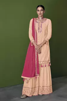 Peach Heavy Thread,Mirror Embroidery Work Faux Georgette unstitched Long Length Kameez Sharara  party-wear-salwar-kameez