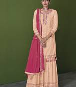 Peach Heavy Thread,Mirror Embroidery Work Faux Georgette unstitched Long Length Kameez Sharara  party-wear-salwar-kameez