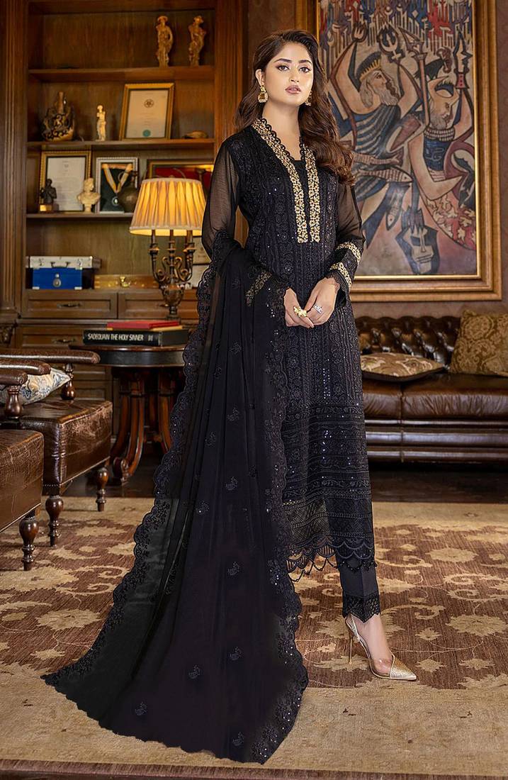 Black Heavy Designer Sequance Embroidery Work Faux Georgette unstitched Long Length Kameez Pant party-wear-salwar-kameez
