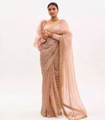 Beige Nude Hand Embroidered Lahariya Saree Set
