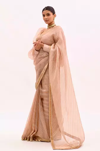 Beige Nude Hand Embroidered Lahariya Saree Set