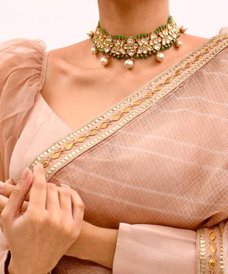 Beige Nude Hand Embroidered Lahariya Saree Set 4