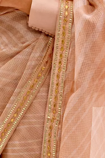 Beige Nude Hand Embroidered Lahariya Saree Set