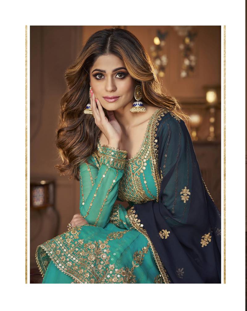 Turquoise Heavy Sequance Embroidery Work Georgette unstitched Long ...