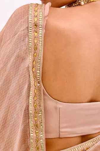 Beige Nude Hand Embroidered Lahariya Saree Set