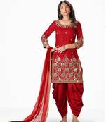 Red Heavy Mirror Embroidery Work Faux Georgette unstitched Long Length Kameez Dhoti wedding wear salwar suit