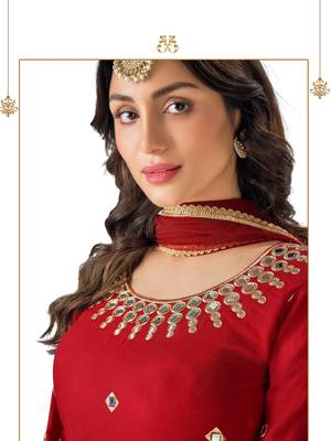 Red Heavy Mirror Embroidery Work Faux Georgette unstitched Long Length Kameez Dhoti wedding wear salwar suit 2