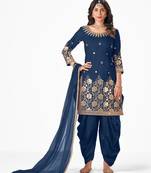 Blue Heavy Mirror Embroidery Work Faux Georgette unstitched Long Length Kameez Dhoti silk salwar suit