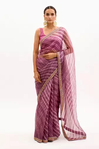 Lilac Hand Embroidered Lahariya Saree Set