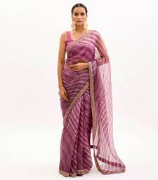Lilac Hand Embroidered Lahariya Saree Set