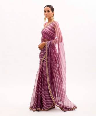 Lilac Hand Embroidered Lahariya Saree Set 3