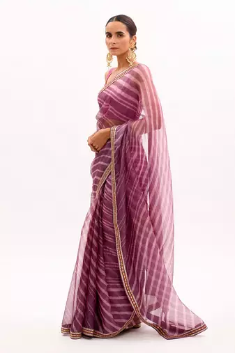 Lilac Hand Embroidered Lahariya Saree Set