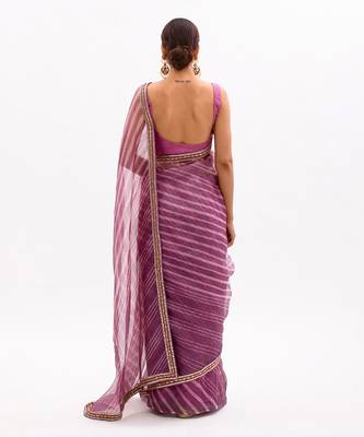 Lilac Hand Embroidered Lahariya Saree Set 4