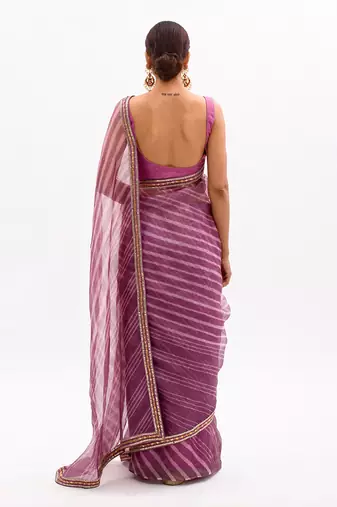 Lilac Hand Embroidered Lahariya Saree Set