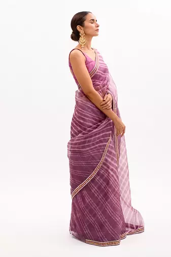 Lilac Hand Embroidered Lahariya Saree Set