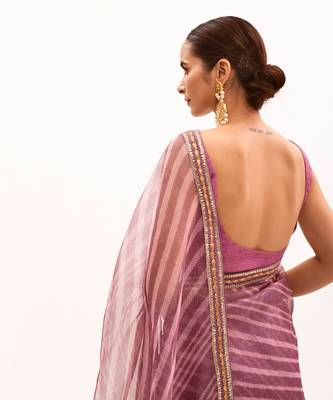 Lilac Hand Embroidered Lahariya Saree Set 6