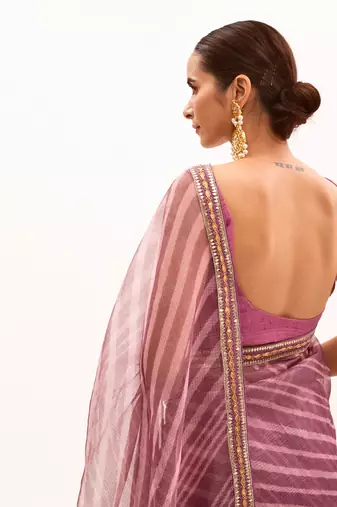 Lilac Hand Embroidered Lahariya Saree Set