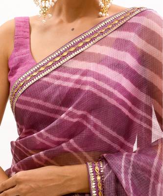 Lilac Hand Embroidered Lahariya Saree Set 7