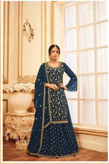 Teal Blue Heavy Jari,Sequance Embroidery Work Georgette unstitched Long Length Kameez Skirt  kameez