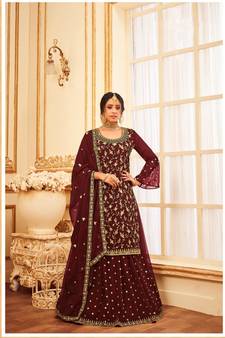 Maroon Heavy Jari,Sequance Embroidery Work Georgette unstitched Long Length Kameez Skirt  suit