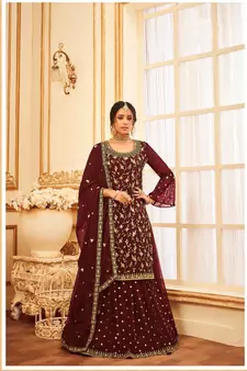 Maroon Heavy Jari,Sequance Embroidery Work Georgette unstitched Long Length Kameez Skirt  suit
