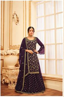 Wine Heavy Jari,Sequance Embroidery Work Georgette unstitched Long Length Kameez Plazzo cotton salwar suit