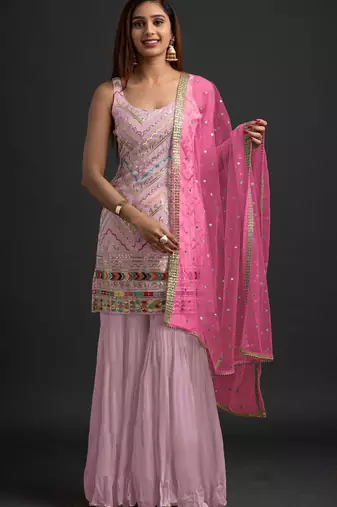 Pink Heavy Thread,Sequance Embroidery Work Faux Georgette unstitched Long Length Kameez Sharara wedding wear salwar suit